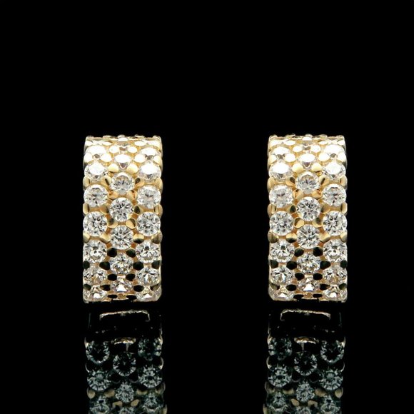 Real 14k Solid Yellow Gold Huggie Earrings 3-Row Cluster Pave Small- 6x11mm - Picture 2 of 2